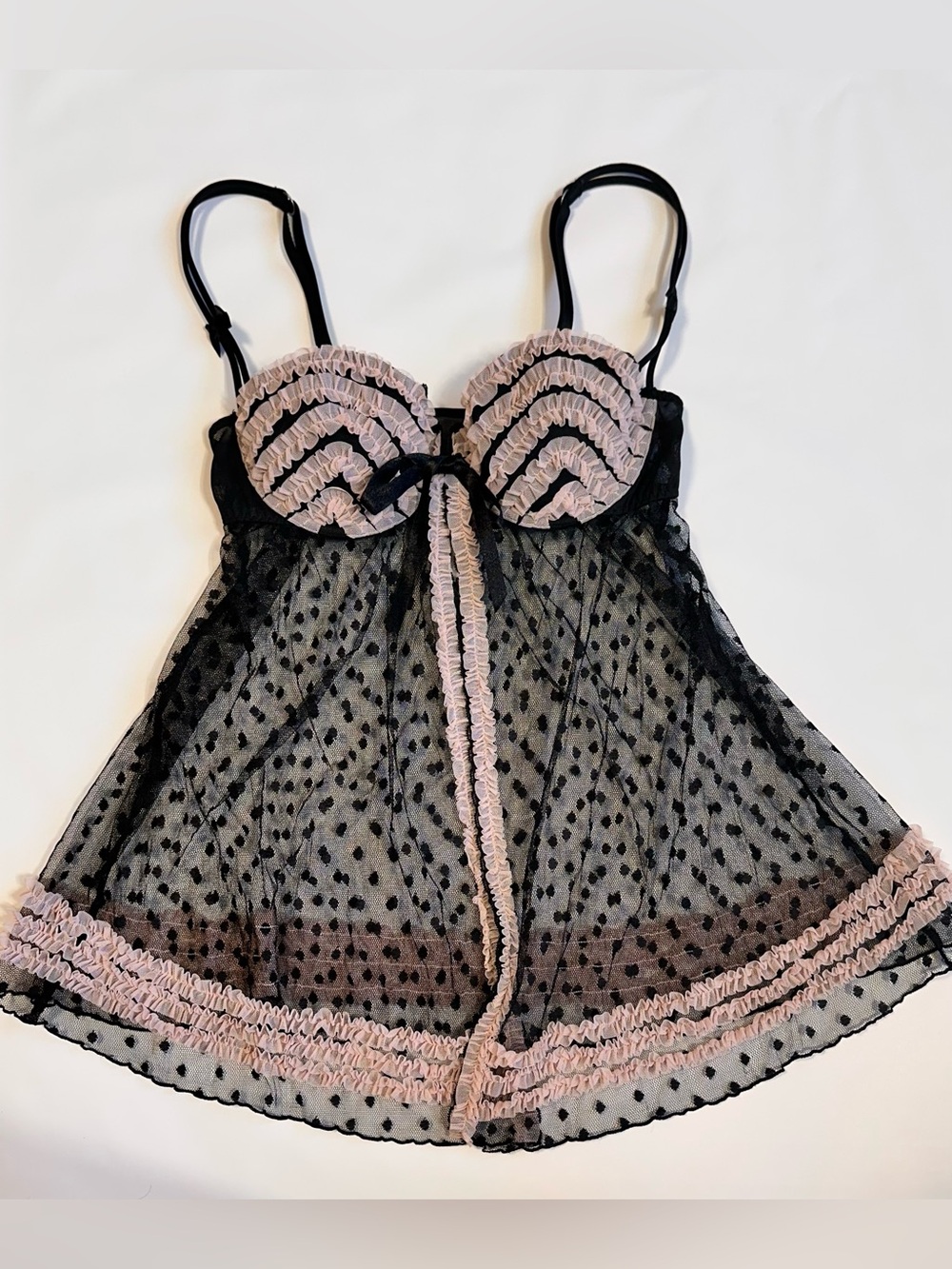 Victoria's Secret Black & Blush Polka Dot Sheer Chemise